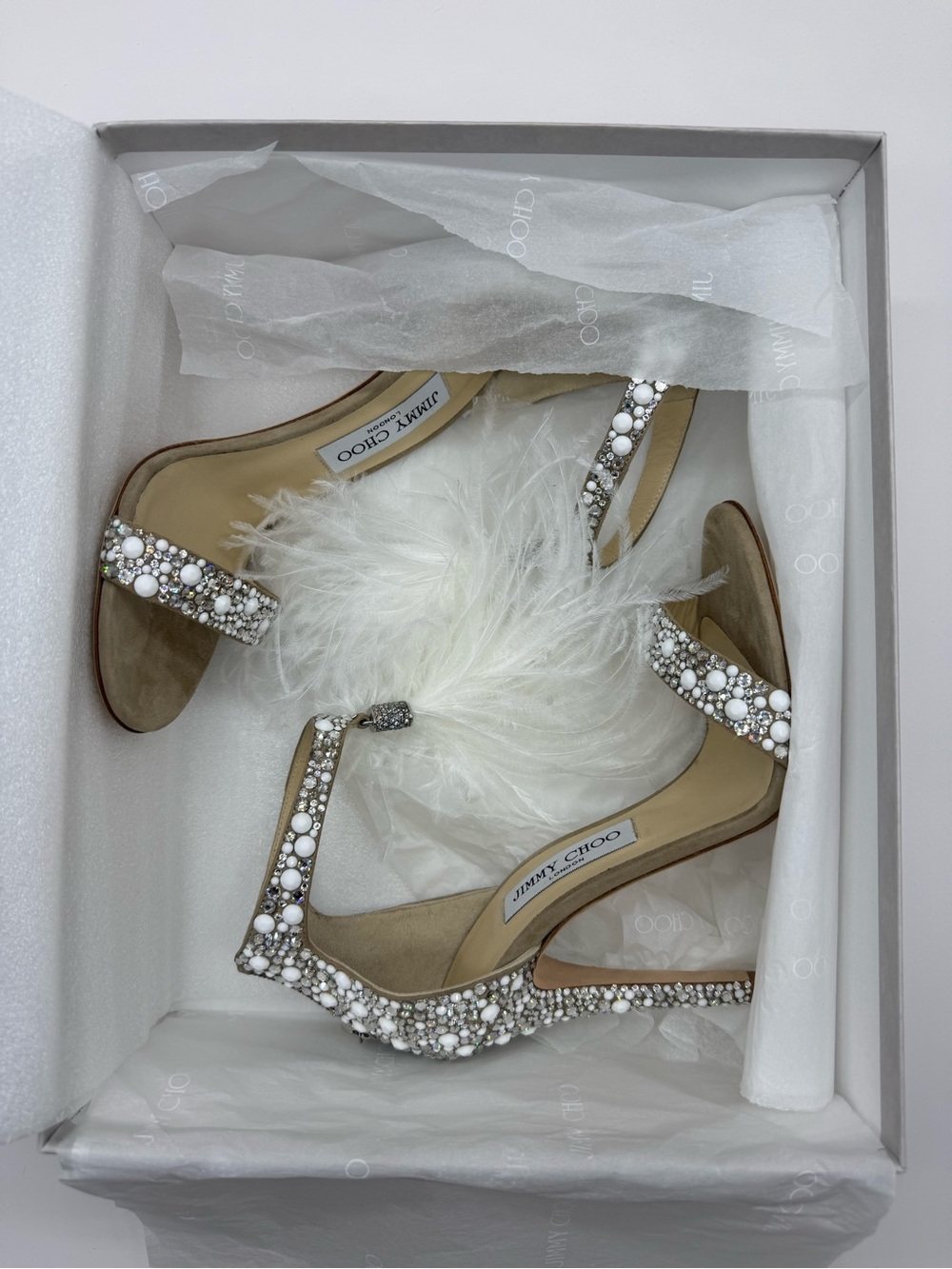 NWT Jimmy Choo Viola 110 Crystal & Ostrich Feather Heels Size 37.5 - Picture 5 of 9